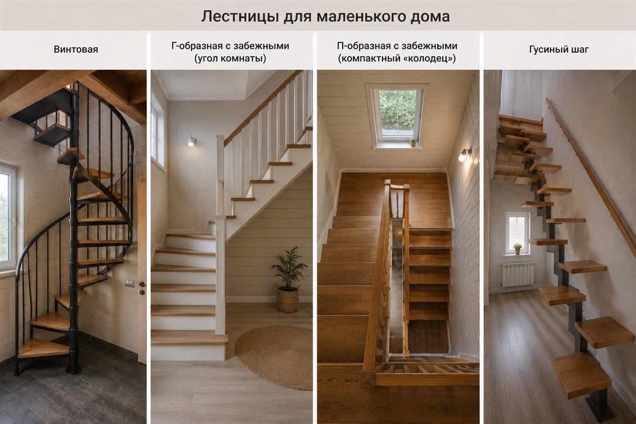 Компактные лестницы для маленького дома: винтовая, Г- и П-образные с забежными ступенями, гусиный шаг — работы ОтПроффи